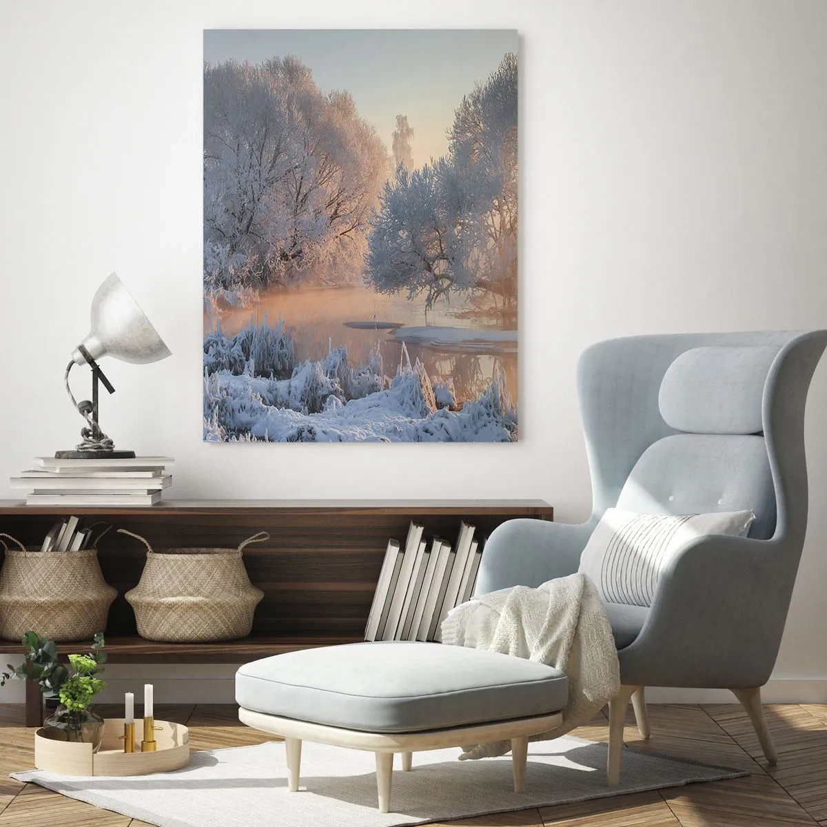 Quadro su vetro - Paesaggio invernale con lago ghiacciato e nebbia mattutina - 50x70cm - Tutto brilla al sole nel cristallo - Decorazione murale moderna per soggiorno e camera da letto ARTTOR