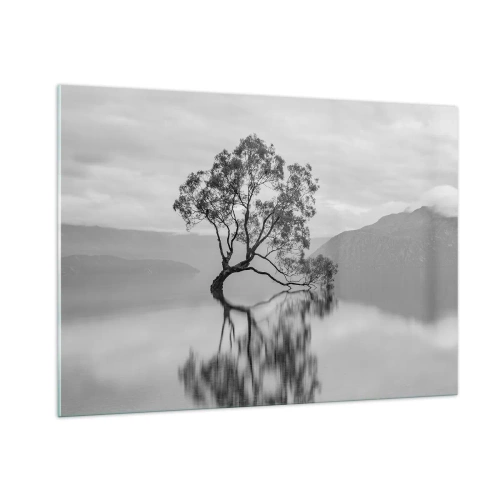Quadro su vetro - Un albero solitario sull'acqua in un paesaggio in bianco e nero - 100x70cm - C'è un paese così - Decorazione murale moderna per soggiorno e camera da letto ARTTOR