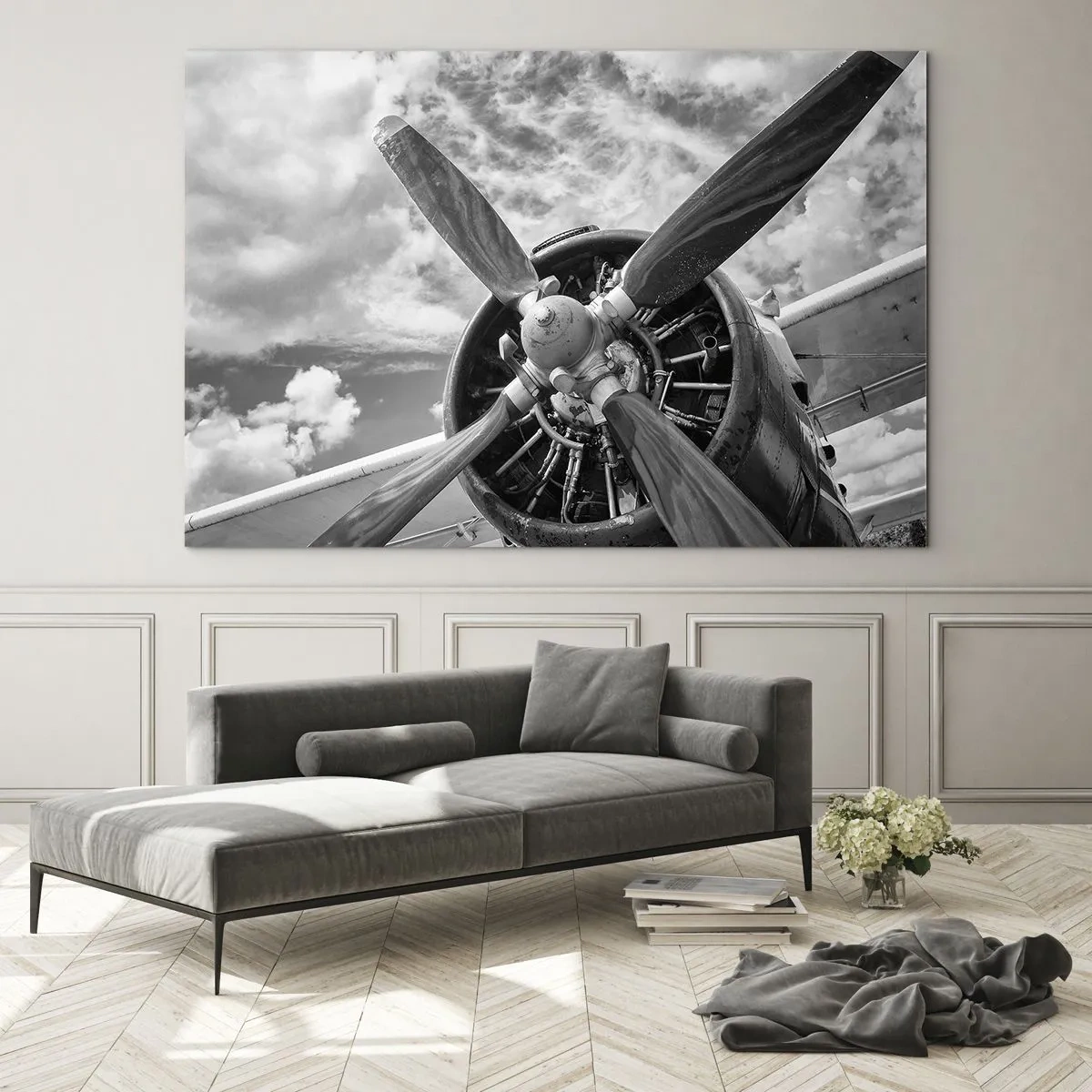 Quadro su vetro - Primo piano dell'elica di un aereo in bianco e nero. - 120x80cm - Il dominatore dell'aria - Decorazione murale moderna per soggiorno e camera da letto ARTTOR
