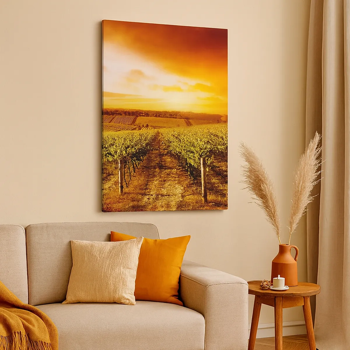 Quadro su tela - Stampe su Tela - Vigneto al tramonto con toni caldi del cielo - 50x70cm - Profumo di frutta con una nota di sole - Decorazione murale moderna per soggiorno e camera da letto ARTTOR