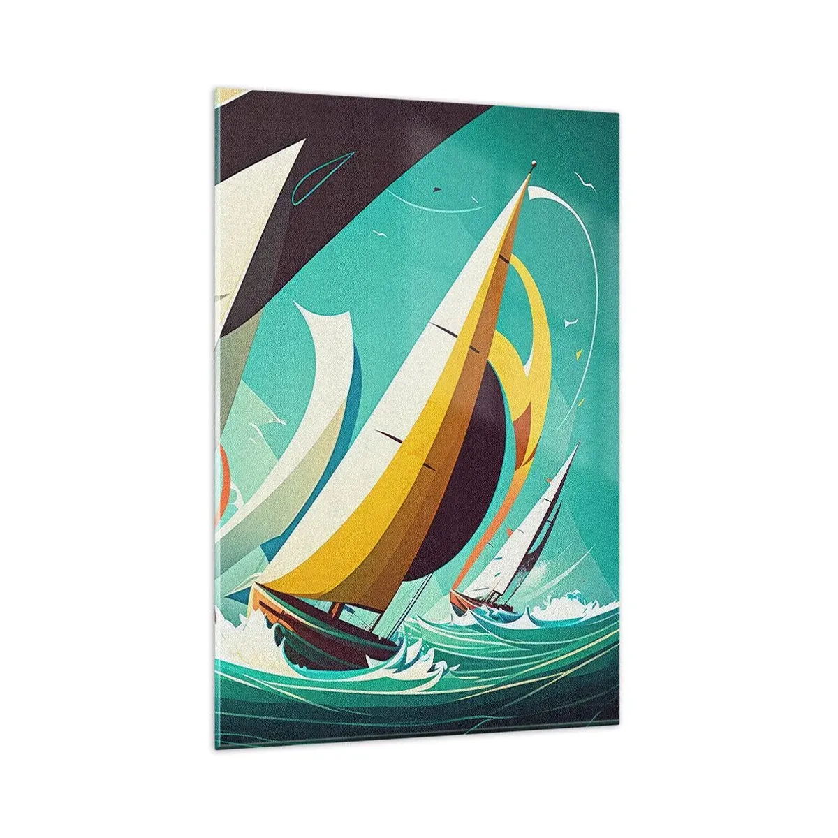 Quadro su vetro - Un'illustrazione dinamica di barche a vela in un mare in tempesta. - 80x120cm - Compagne degli elementi - Decorazione murale moderna per soggiorno e camera da letto ARTTOR