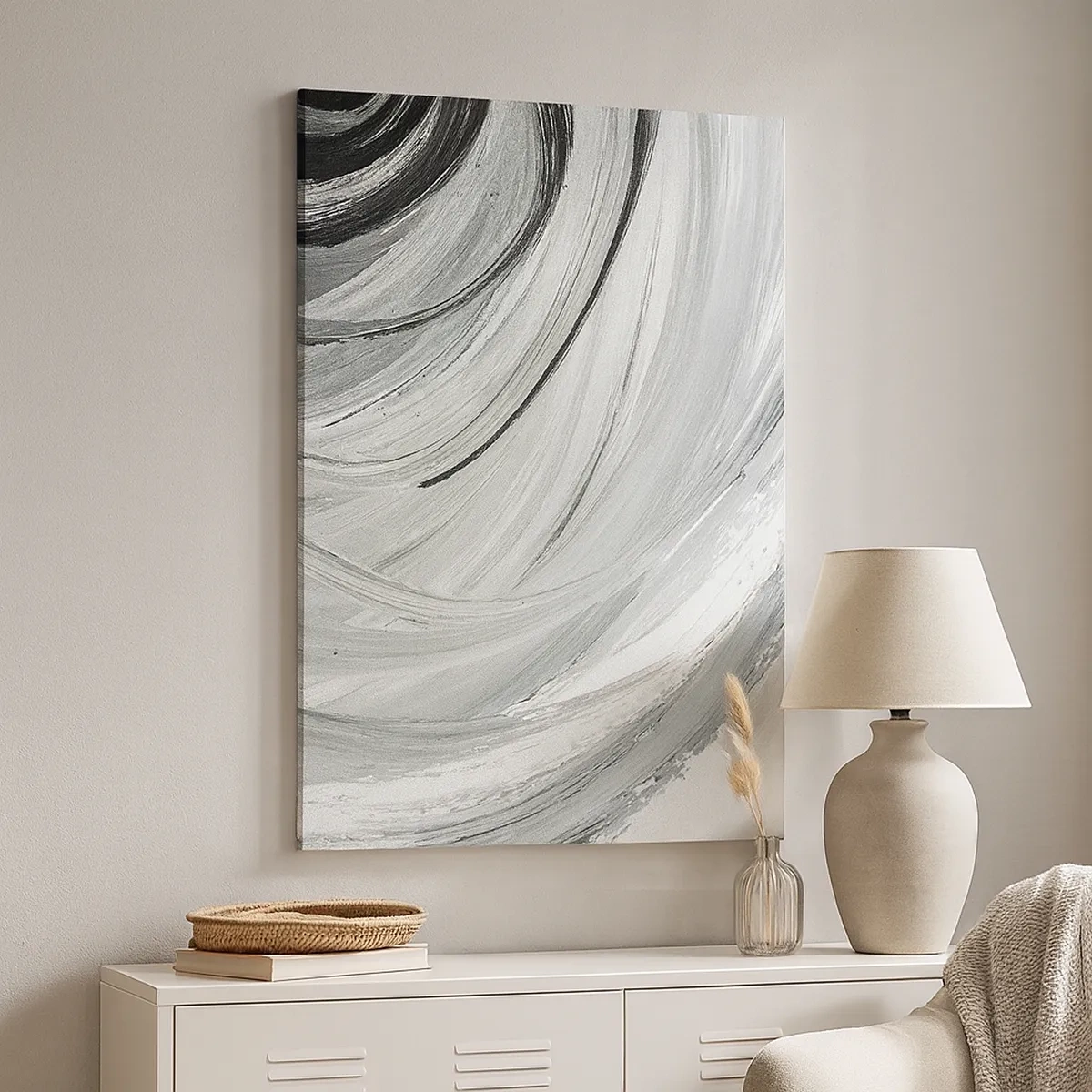 Quadro su tela - Stampe su Tela - Un vortice monocromatico nelle tonalità del grigio e del nero - 50x70cm - Composizione orbitale - Decorazione murale moderna per soggiorno e camera da letto ARTTOR