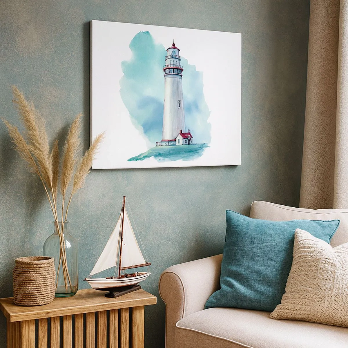 Quadro su tela - Stampe su Tela - Un faro su uno sfondo blu acquerello - 70x50cm - Il mite amico del blu - Decorazione murale moderna per soggiorno e camera da letto ARTTOR