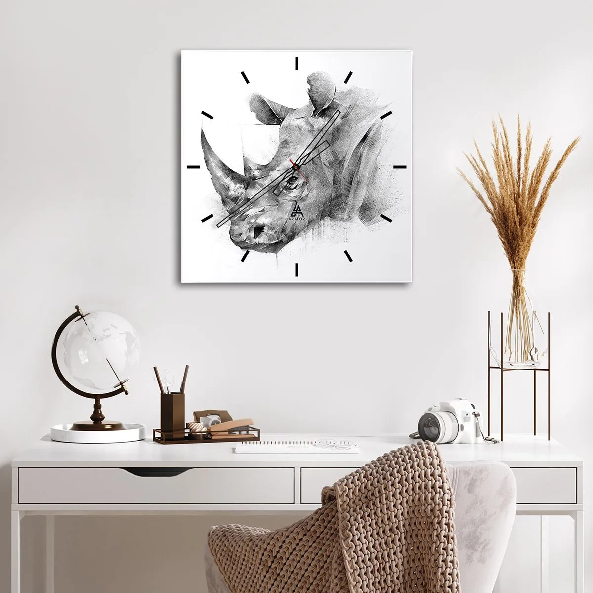 Orologio da parete - Orologio in Vetro - Ritratto artistico di un rinoceronte in bianco e nero - 30x30cm - Ritratto africano - Decorazione murale moderna per soggiorno e camera da letto ARTTOR