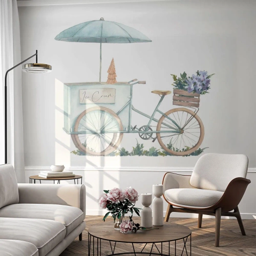 Fotomurali Premium Sand - Bicicletta estiva con gelato e fiori in una scatola in stile acquerello - 100x70cm - Dolce ricordo d'estate - Decorazione murale moderna per soggiorno e camera da letto ARTTOR