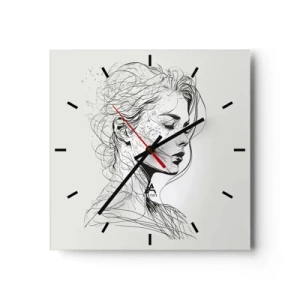 Orologio da parete - Orologio in Vetro - Un delicato ritratto di donna in stile grafico minimalista. - 30x30cm - Ritratto pensieroso - Decorazione murale moderna per soggiorno e camera da letto ARTTOR