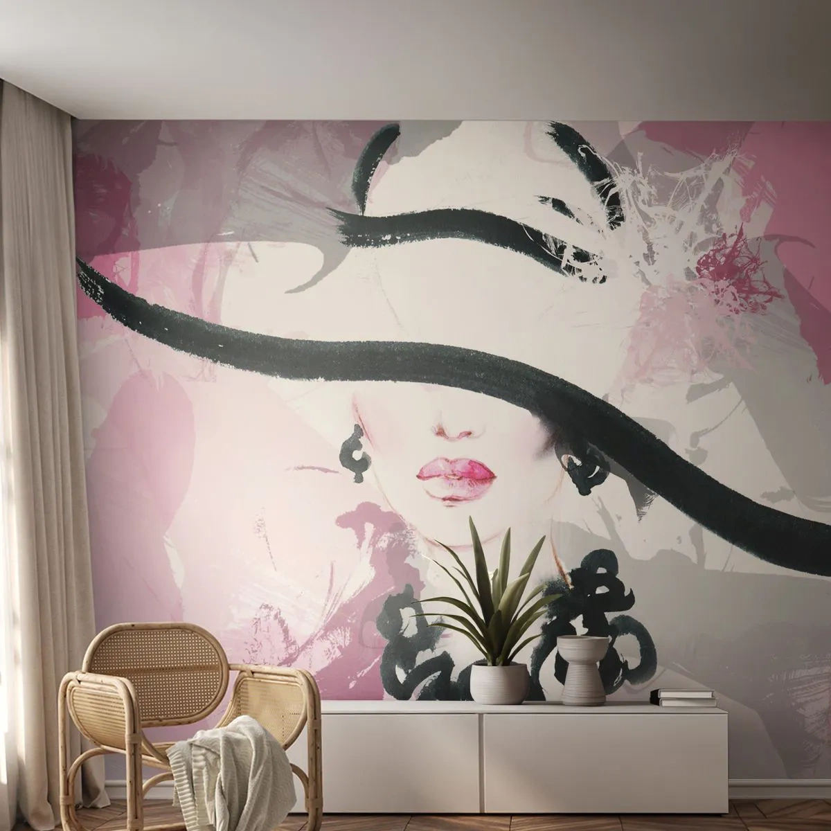 Fotomurali Autoadesivo Deluxe Sticker - Ritratto di donna in nero e rosa - Donna, Volto di donna, Astrazione - 450x315 cm