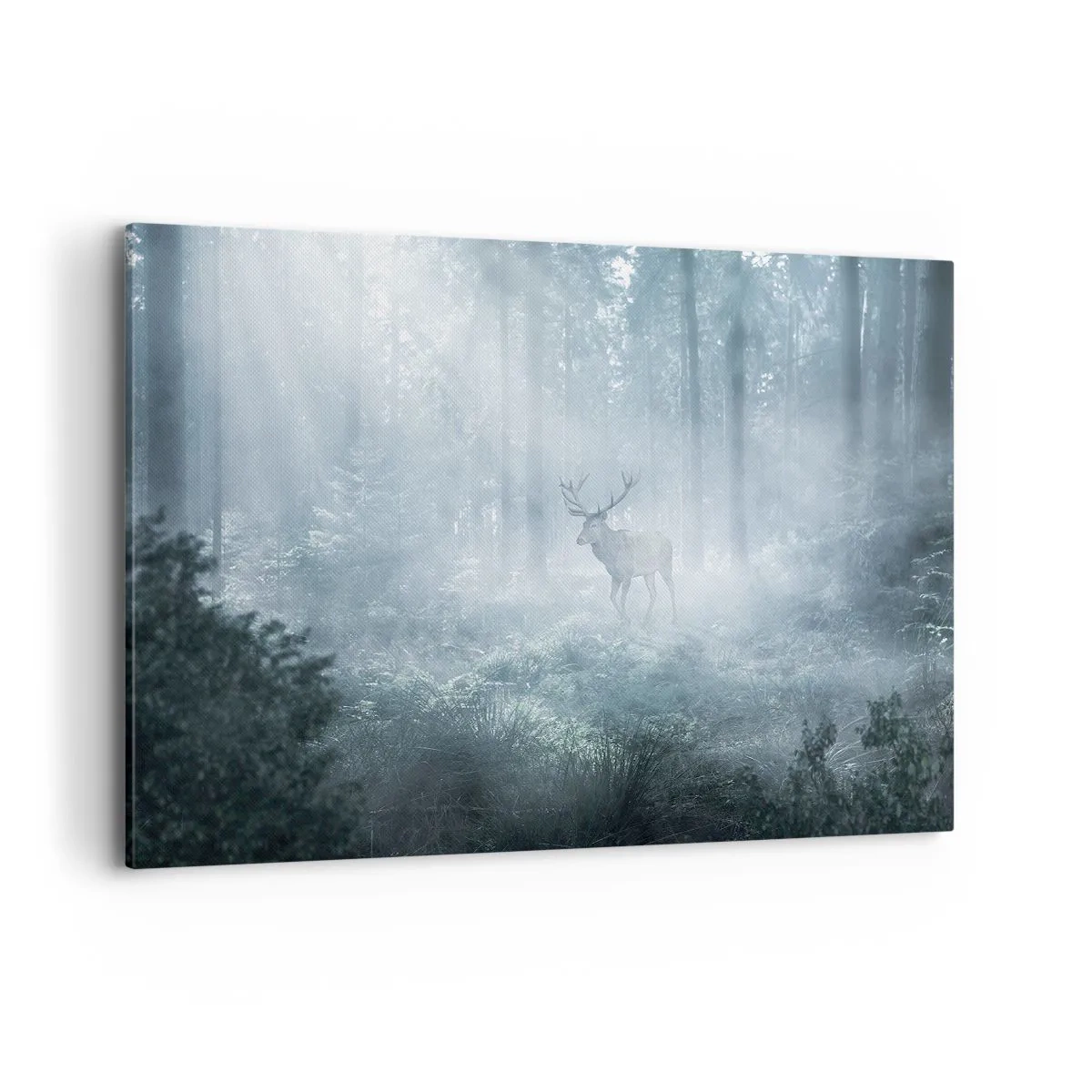Quadro su tela - Stampe su Tela - Un cervo in una fitta foresta avvolto nella nebbia mattutina - 100x70cm - Passeggiata mattutina sulle sue terre - Decorazione murale moderna per soggiorno e camera da letto ARTTOR