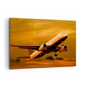 Quadro su tela - Stampe su Tela - Un aereo passeggeri decolla sullo sfondo di un cielo dorato al tramonto. - 100x70cm - In volo verso il sole - Decorazione murale moderna per soggiorno e camera da letto ARTTOR