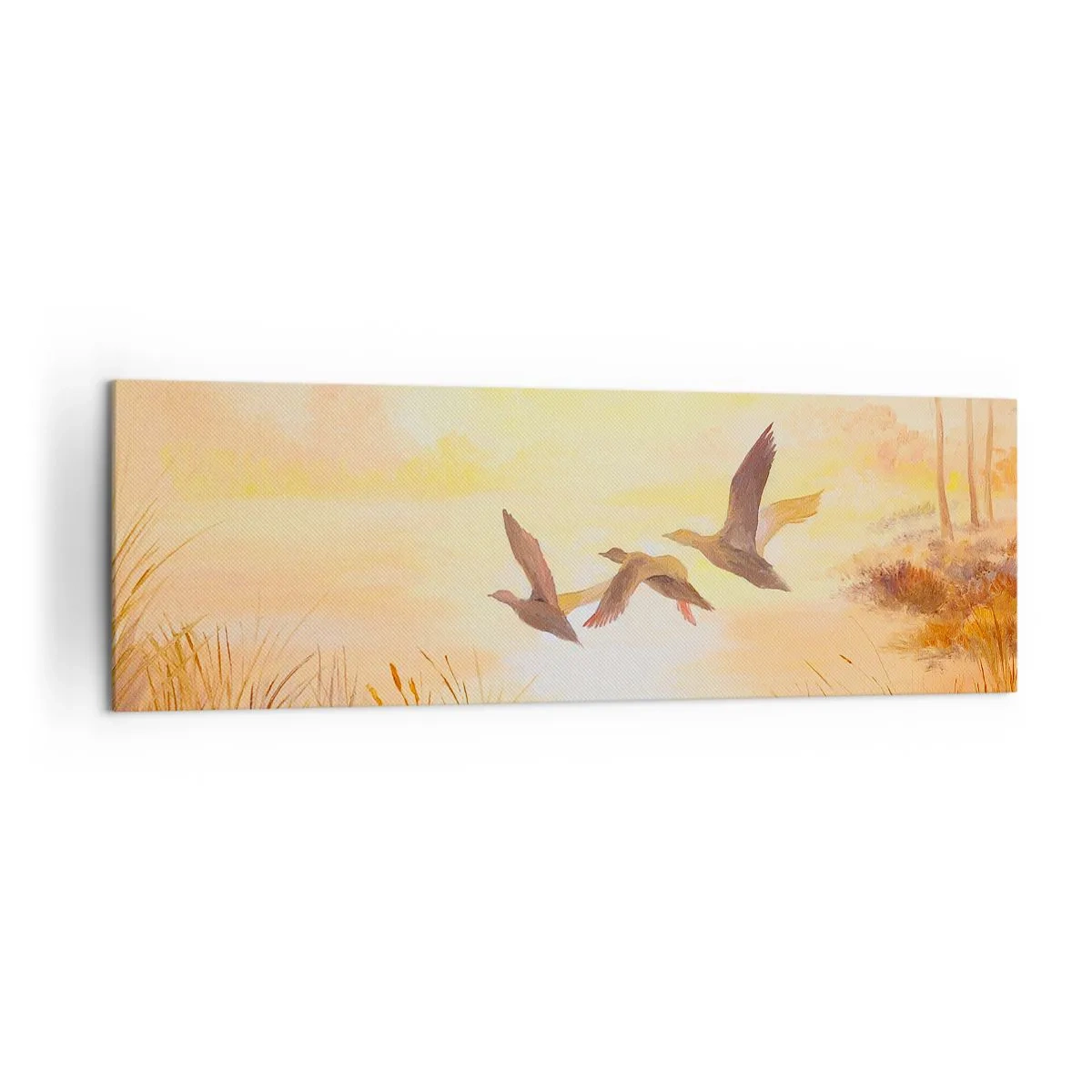 Quadro su tela - Stampe su Tela - Anatre che volano all'alba sul lago - 160x50cm - L'inizio di un lungo viaggio - Decorazione murale moderna per soggiorno e camera da letto ARTTOR
