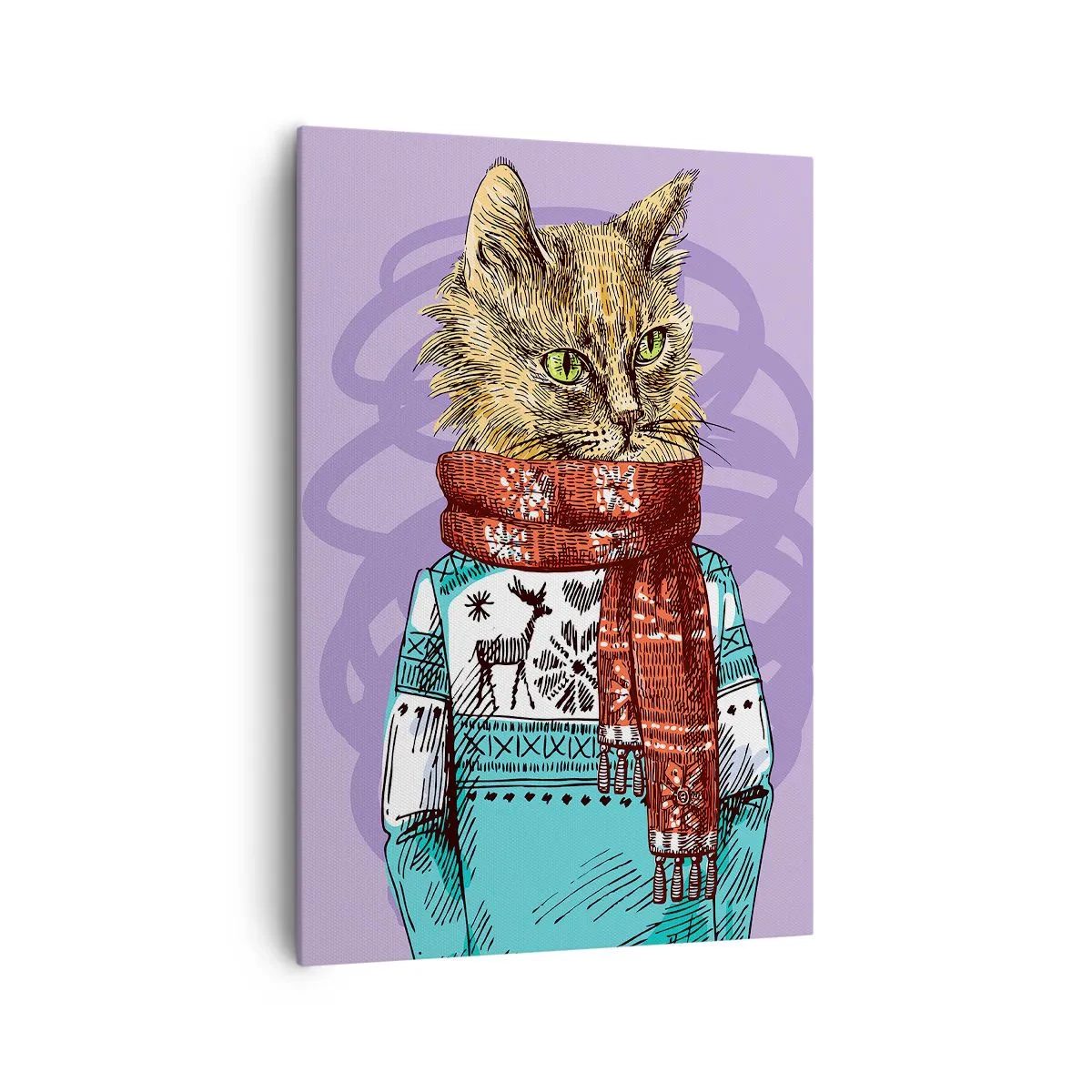 Quadro su tela - Stampe su Tela - Un gatto con un maglione e una sciarpa su uno sfondo viola - 70x100cm - Un gatto non solo con gli stivali - Decorazione murale moderna per soggiorno e camera da letto ARTTOR