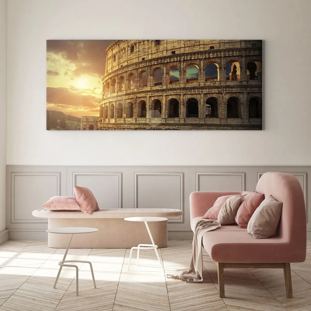Quadro su vetro - Il Colosseo a Roma al tramonto - 160x50cm - Impressione colossale - Decorazione murale moderna per soggiorno e camera da letto ARTTOR