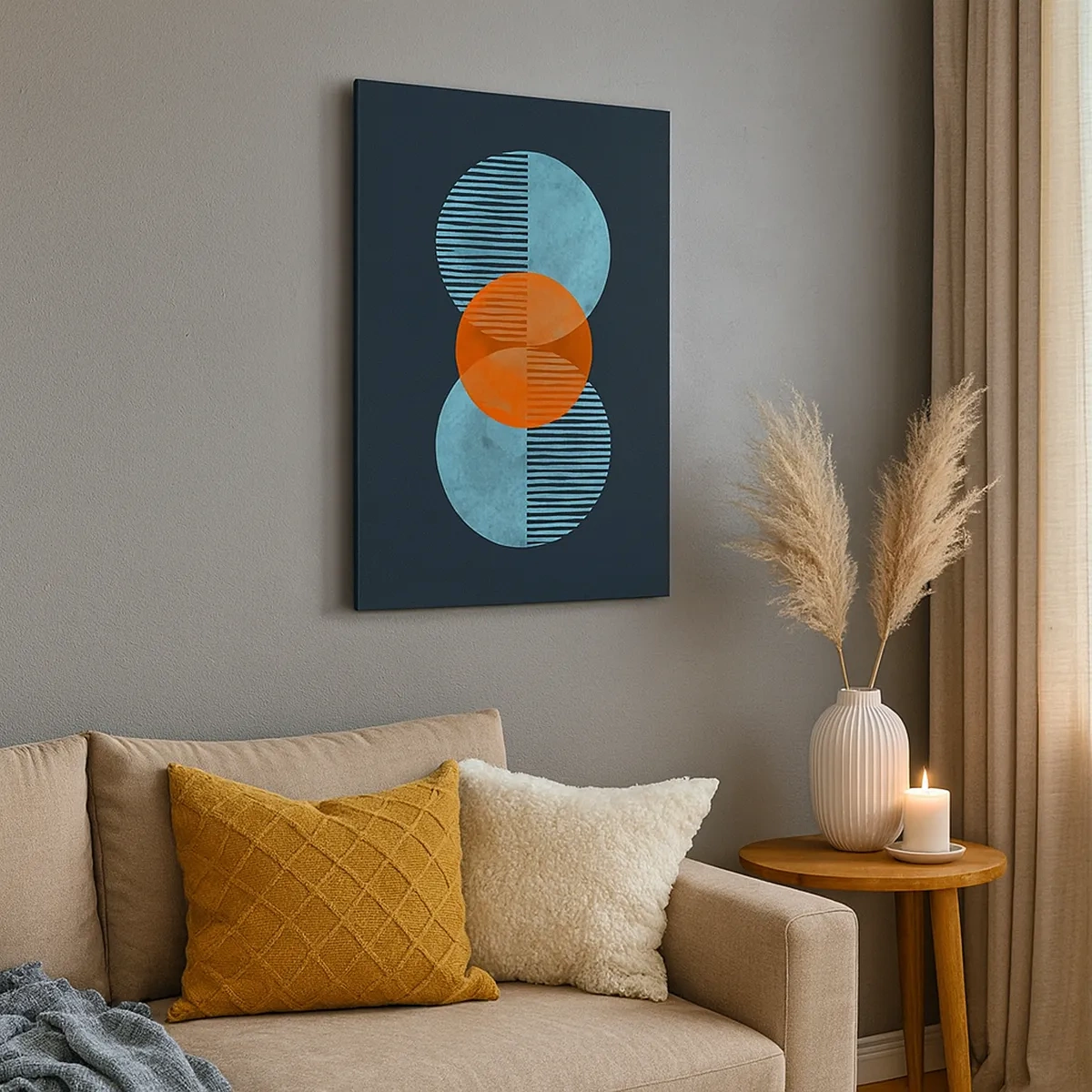 Quadro su tela - Stampe su Tela - Cerchi geometrici nei toni del blu e dell'arancione - 50x70cm - Composizione simmetrica - Decorazione murale moderna per soggiorno e camera da letto ARTTOR