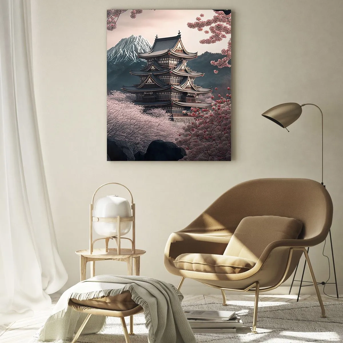 Quadro su vetro - Un tempio giapponese circondato da fiori di ciliegio e montagne - 80x120cm - Il Paese dei ciliegi in fiore - Decorazione murale moderna per soggiorno e camera da letto ARTTOR