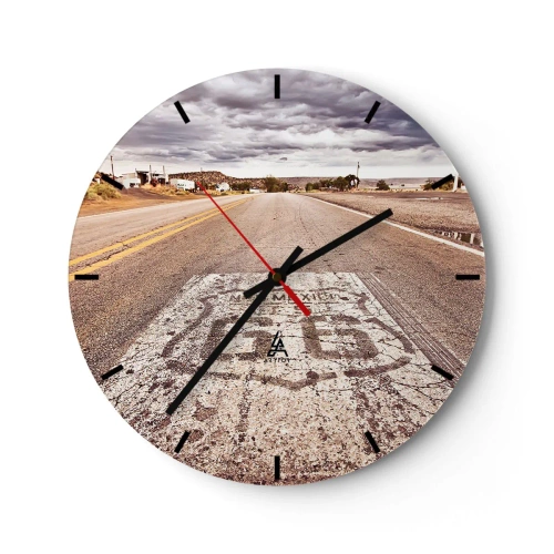 Orologio da parete - Orologio in Vetro - Route 66 sotto un cielo nuvoloso - 30x30cm - La Route 66: una leggenda americana - Decorazione murale moderna per soggiorno, cucina e camera da letto ARTTOR