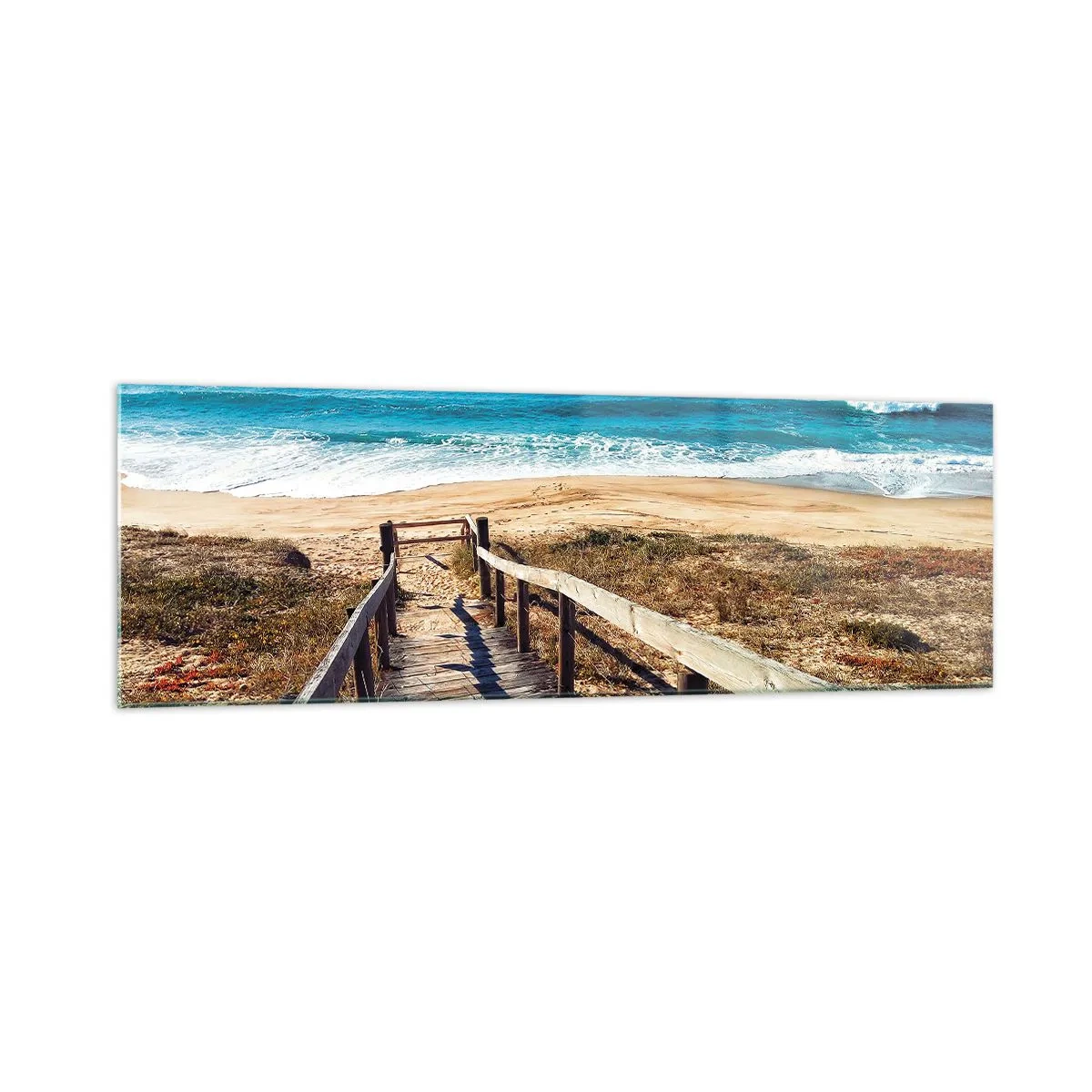 Quadro su vetro - Sentiero in legno che conduce alla spiaggia - 160x50cm - Corri! - Decorazione murale moderna per soggiorno e camera da letto ARTTOR