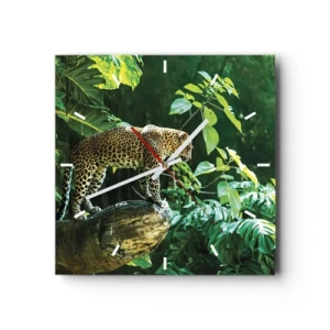 Orologio da parete - Orologio in Vetro - Un leopardo in piedi su una roccia circondato da vegetazione tropicale - 30x30cm - A caccia? - Decorazione murale moderna per soggiorno e camera da letto ARTTOR