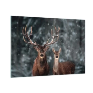 Quadro su vetro - Un cervo e una cerva in una foresta invernale ricoperta di neve - 100x70cm - Il re della foresta con la consorte - Decorazione murale moderna per soggiorno e camera da letto ARTTOR