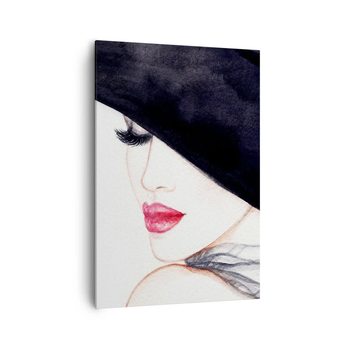 Quadro su tela - Stampe su Tela - Un'illustrazione sottile di una donna con un cappello nero e labbra rosse - 70x100cm - Eleganza e sensualità - Decorazione murale moderna per soggiorno e camera da letto ARTTOR
