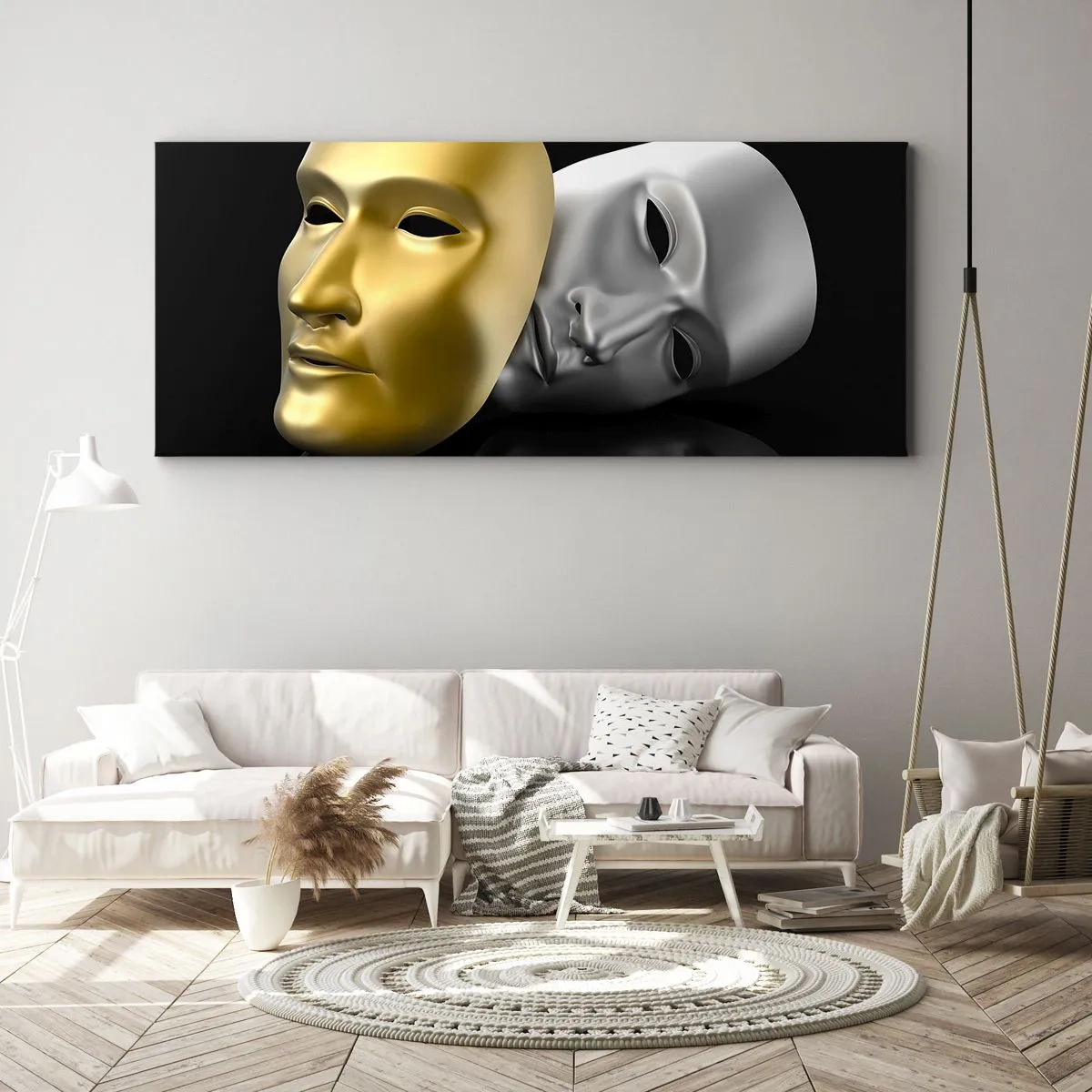 Quadro su tela - Stampe su Tela - Maschera in oro e argento su sfondo nero - 120x50cm - La vita è teatro - Decorazione murale moderna per soggiorno e camera da letto ARTTOR
