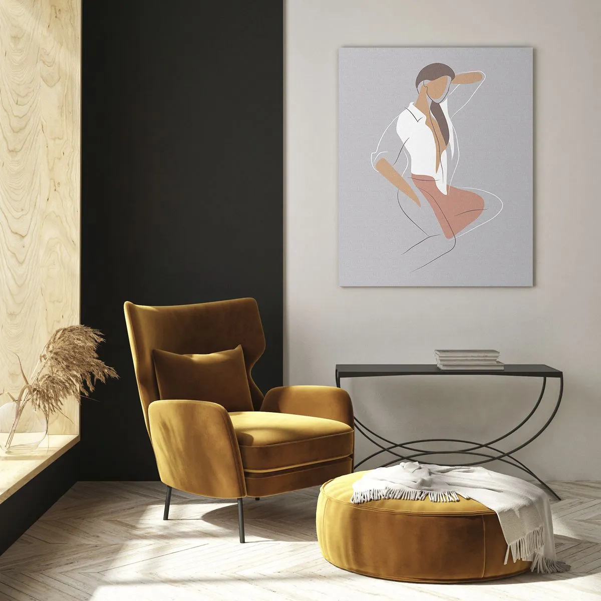 Quadro su vetro - Un ritratto minimalista di una donna in colori pastello. - 70x100cm - Profilo di bellezza - Decorazione murale moderna per soggiorno e camera da letto ARTTOR