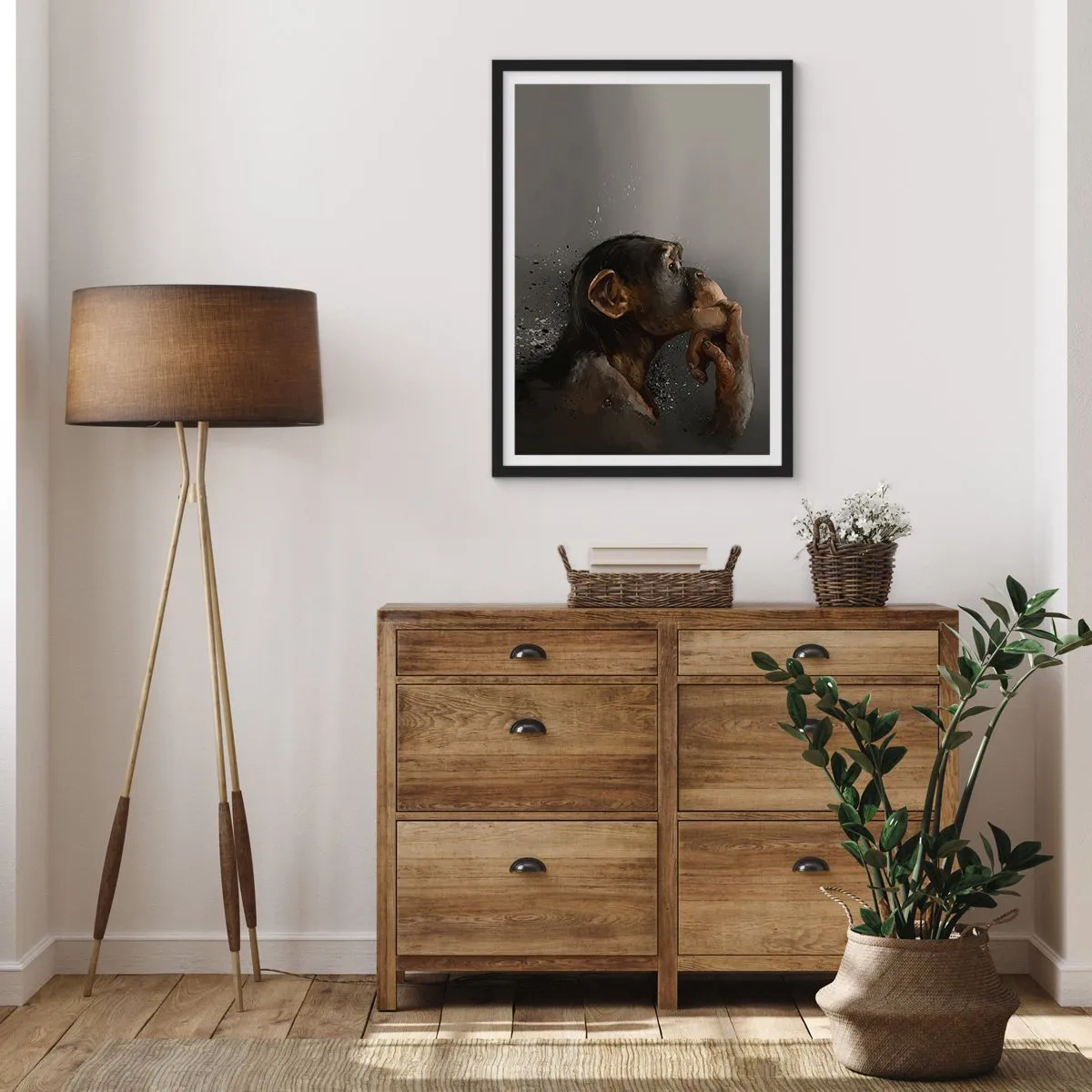 Poster in cornice nera - Ritratto di una scimmia pensante in tenui toni grigi con sfondo astratto - 50x70cm - Sicuramente un pensatore - Decorazione murale moderna per soggiorno e camera da letto ARTTOR