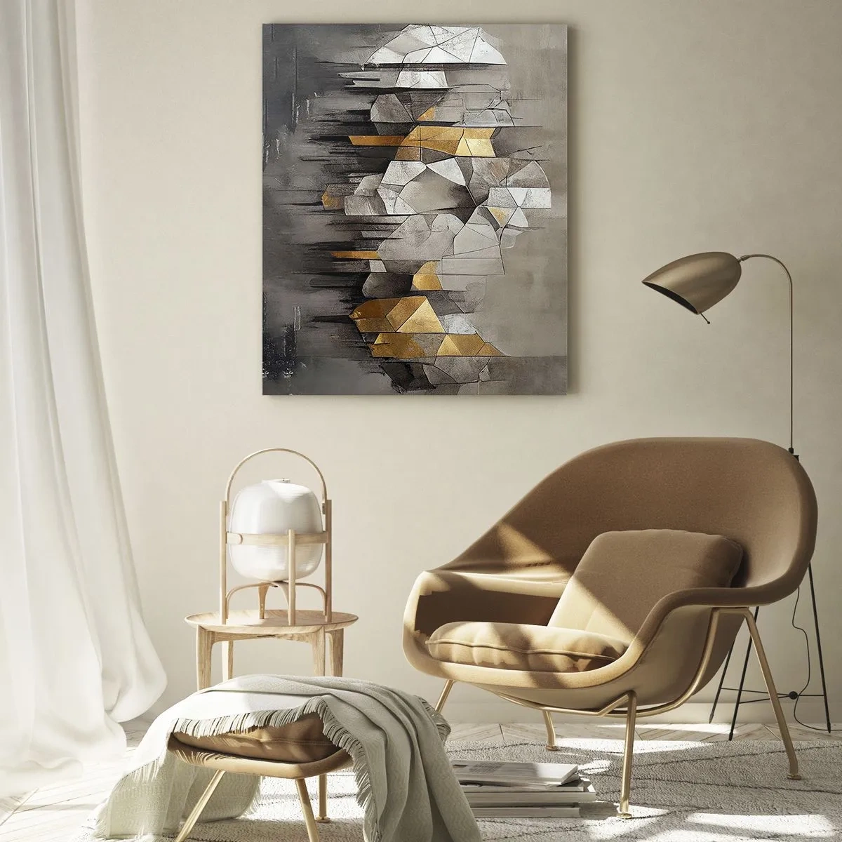 Quadro su vetro - Astrazione geometrica nei toni dell'oro e del grigio - 80x120cm - Composizione di ghiaccio e luce - Decorazione murale moderna per soggiorno e camera da letto ARTTOR