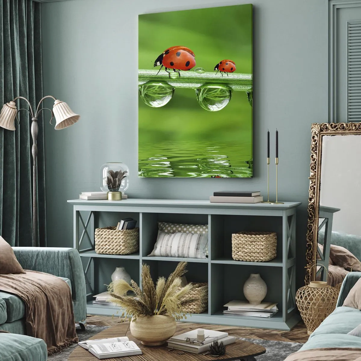 Quadro su tela - Stampe su Tela - Coccinelle su un filo d'erba con gocce di rugiada in un ambiente naturale - 80x120cm - In cammino per tutta l'estate - Decorazione murale moderna per soggiorno e camera da letto ARTTOR