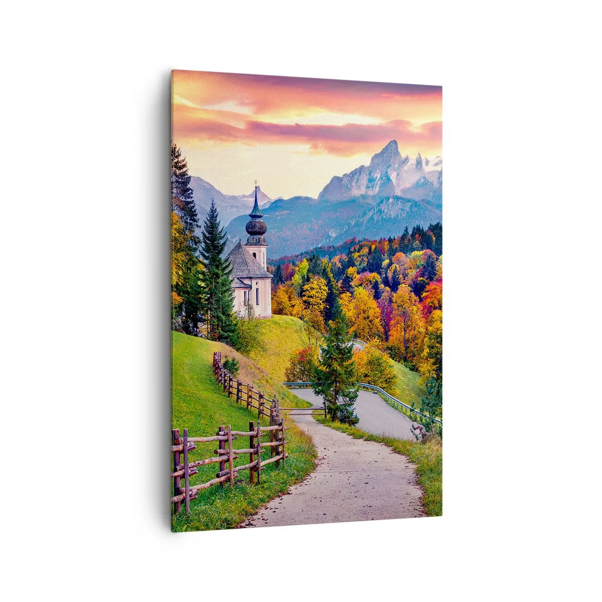 Quadro su tela - Stampe su Tela - Paesaggio montano autunnale con cappella e tramonto - 80x120cm - Un paesaggio come dipinto - Decorazione murale moderna per soggiorno e camera da letto ARTTOR