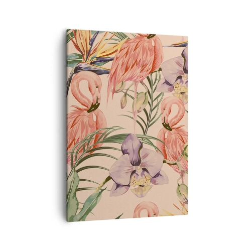 Quadro su tela - Stampe su Tela - Fenicotteri e fiori tropicali su uno sfondo chiaro - 50x70cm - Un ballo rosa nei fiori - Decorazione murale moderna per soggiorno e camera da letto ARTTOR