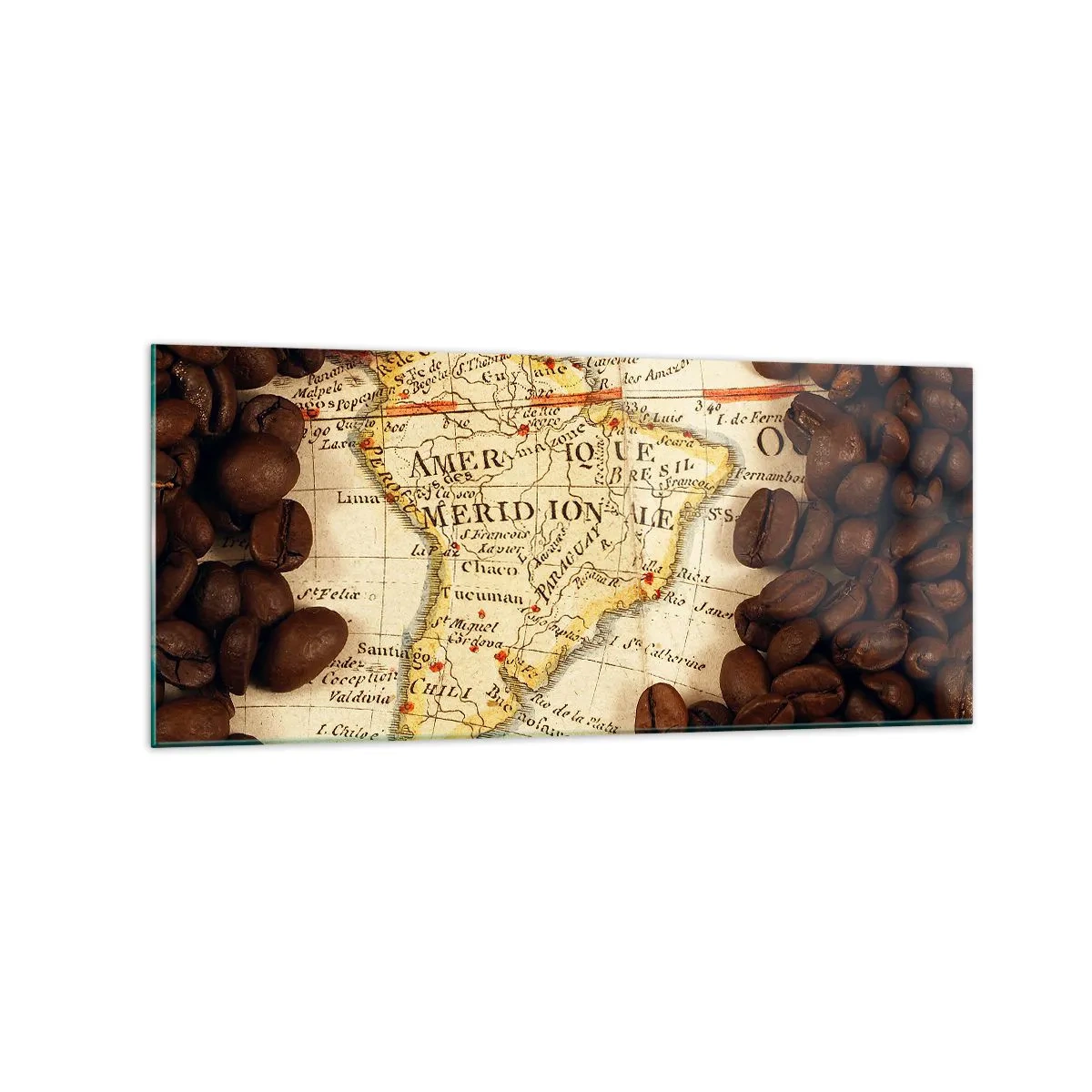 Quadro su vetro - Una mappa del Sud America circondata da chicchi di caffè. - 120x50cm - Da dove viene il miglior caffè? - Decorazione murale moderna per soggiorno e camera da letto ARTTOR