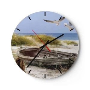 Orologio da parete - Orologio in Vetro - Una barca su una spiaggia sabbiosa con i gabbiani - 30x30cm - Bagnate dal vento - Decorazione murale moderna per soggiorno, cucina e camera da letto ARTTOR