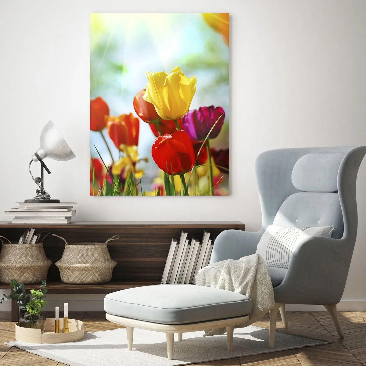 Quadro su vetro - Tulipani colorati al sole - 80x120cm - Tutti i colori del sole - Decorazione murale moderna per soggiorno e camera da letto ARTTOR