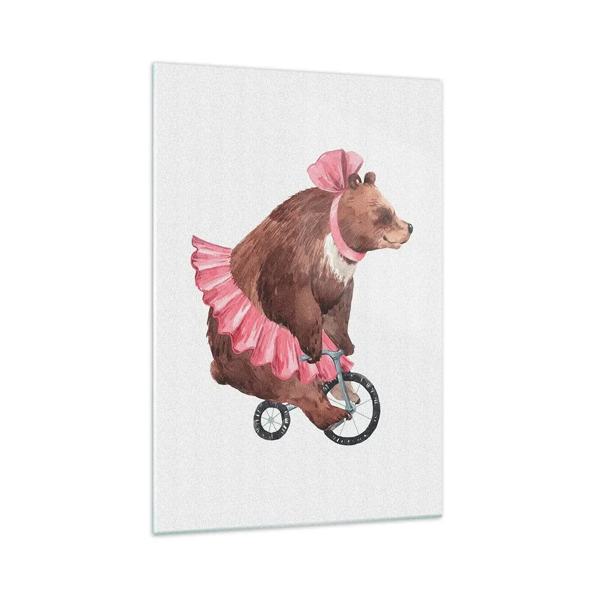 Quadro su vetro - Un orsacchiotto con una gonna rosa su una bicicletta in stile retrò - 70x100cm - Evviva il circo! - Decorazione murale moderna per soggiorno e camera da letto ARTTOR