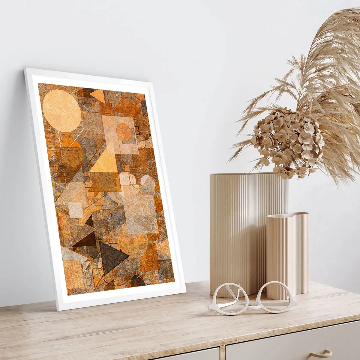 Poster in cornice bianca - Studio cubista in marrone - 50x70 cm