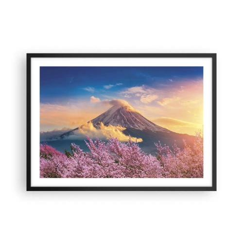 Poster in cornice nera - Il monte Fuji con i fiori di ciliegio sullo sfondo al tramonto - 70x50cm - Sacralità giapponese - Decorazione murale moderna per soggiorno e camera da letto ARTTOR