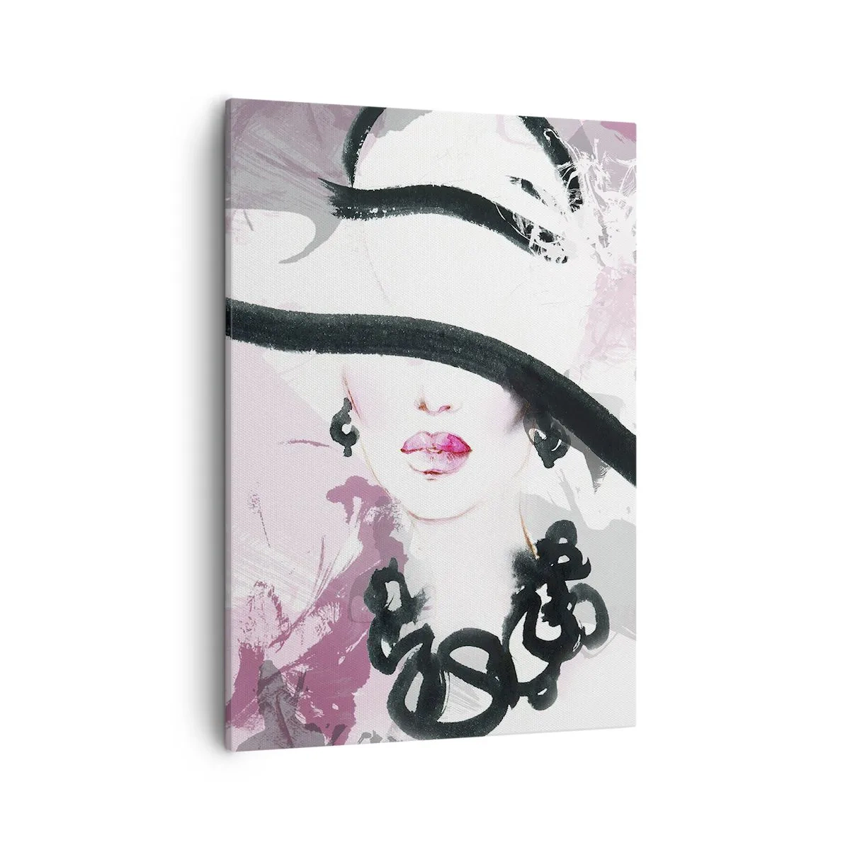 Quadro su tela - Stampe su Tela - Una donna elegante con un cappello su uno sfondo di astrazioni rosa. - 50x70cm - Ritratto di donna in nero e rosa - Decorazione murale moderna per soggiorno e camera da letto ARTTOR