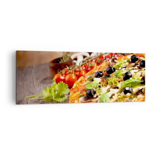 Quadro su tela - Stampe su Tela - Pizza con olive, basilico e ingredienti freschi su fondo in legno - 140x50cm - Con ingredienti tellurici - Decorazione murale moderna per soggiorno e camera da letto ARTTOR