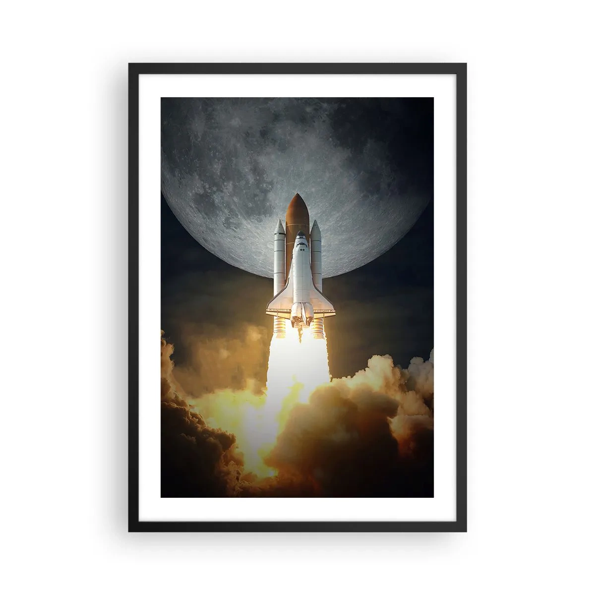 Poster in cornice nera - Lancio dello Space Shuttle con la Luna sullo sfondo - 50x70cm - L'inizio di un'avventura spaziale - Decorazione murale moderna per soggiorno e camera da letto ARTTOR