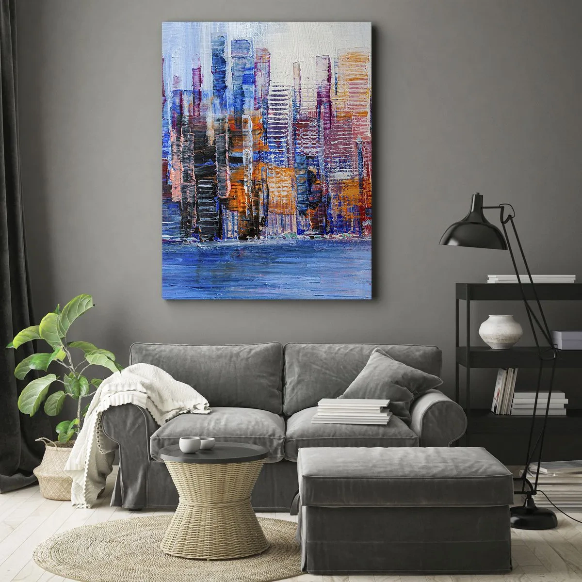 Quadro su tela - Stampe su Tela - Un panorama colorato della città con riflessi sull'acqua - 70x100cm - Metropoli gioiosa - Decorazione murale moderna per soggiorno e camera da letto ARTTOR