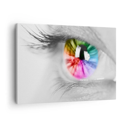 Quadro su tela - Stampe su Tela - Ripresa artistica di un occhio con iride arcobaleno su sfondo grigio - 70x50cm - Vedere il mondo a colori - Decorazione murale moderna per soggiorno e camera da letto ARTTOR