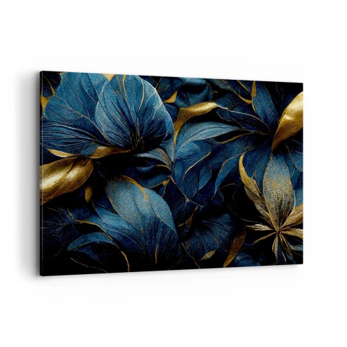 Quadro su tela - Stampe su Tela - Eleganti foglie nei toni dell'oro e del blu navy - 100x70cm - Foderati d'oro - Decorazione murale moderna per soggiorno e camera da letto ARTTOR