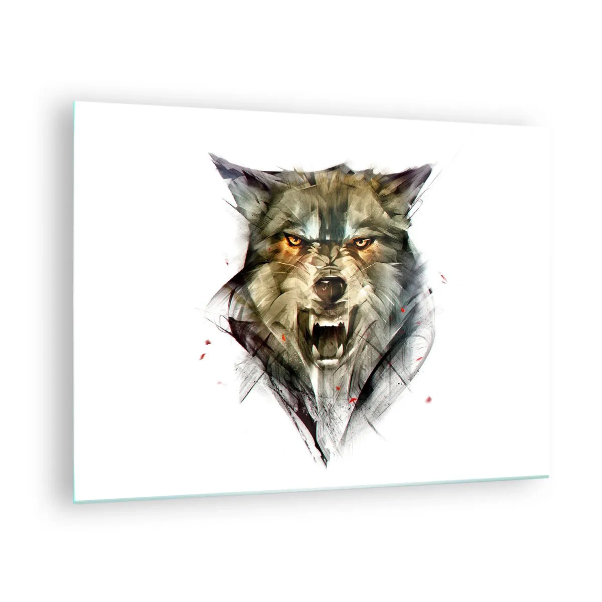 Quadro su vetro - Un'immagine di un lupo minaccioso con la bocca aperta e uno sguardo intenso - 70x50cm - Non si passa! - Decorazione murale moderna per soggiorno e camera da letto ARTTOR