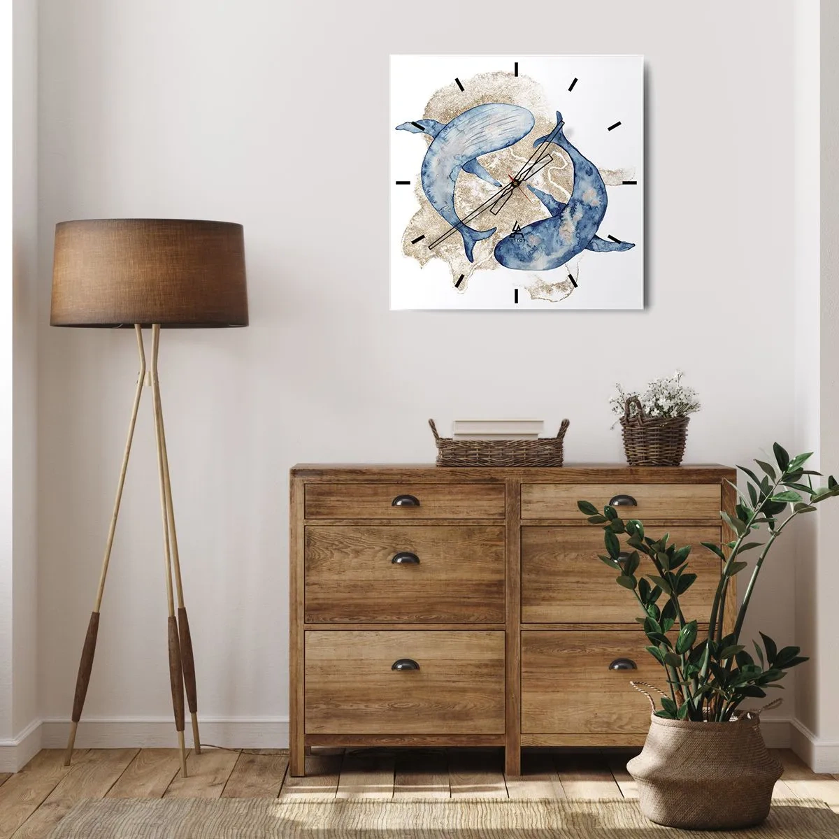 Orologio da parete - Orologio in Vetro - Balene blu astratte su uno sfondo chiaro - 30x30cm - Amicizia o amore? - Decorazione murale moderna per soggiorno e camera da letto ARTTOR