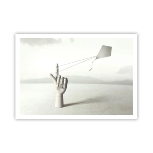 Poster - Una mano di legno minimalista con un aquilone su uno sfondo paesaggistico. - 100x70cm - Prova di forza - Decorazione murale moderna per soggiorno e camera da letto ARTTOR