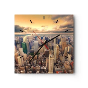 Orologio da parete - Orologio in Vetro - Panorama della città con vista sui grattacieli al tramonto - 30x30cm - Metropolis dorata - Decorazione murale moderna per soggiorno e camera da letto ARTTOR