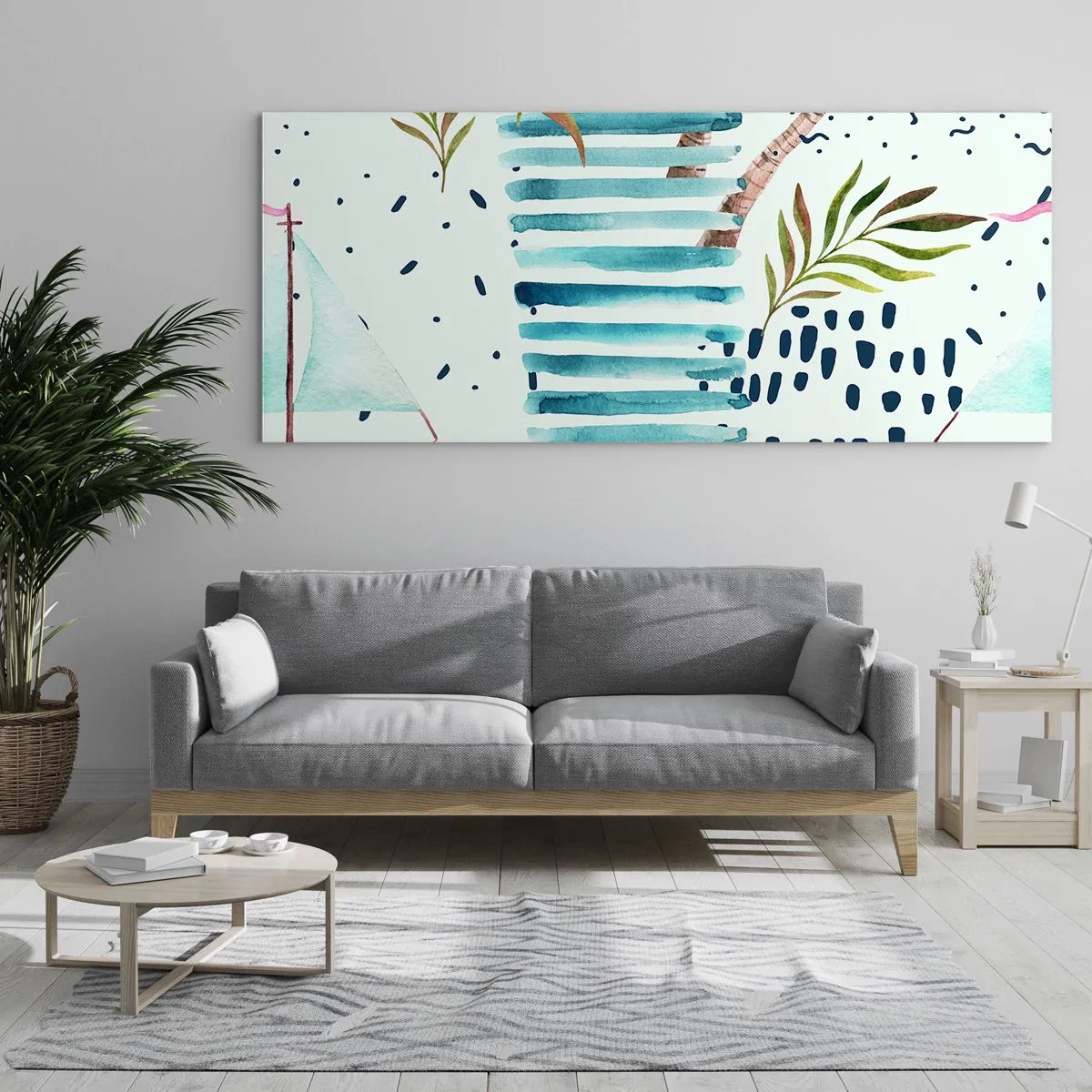 Quadro su vetro - Motivo astratto con palme e accenti nautici - 140x50cm - Vacanze sotto le palme - Decorazione murale moderna per soggiorno e camera da letto ARTTOR
