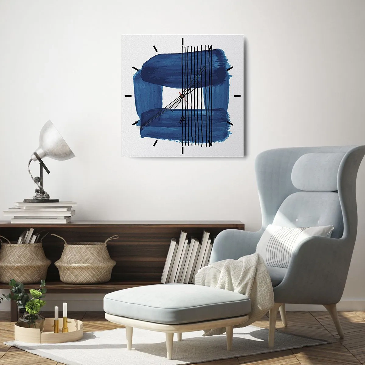 Orologio da parete - Orologio in Vetro - Motivo astratto nei toni del blu con linee nere - 30x30cm - Composizione blu e nera - Decorazione murale moderna per soggiorno e camera da letto ARTTOR