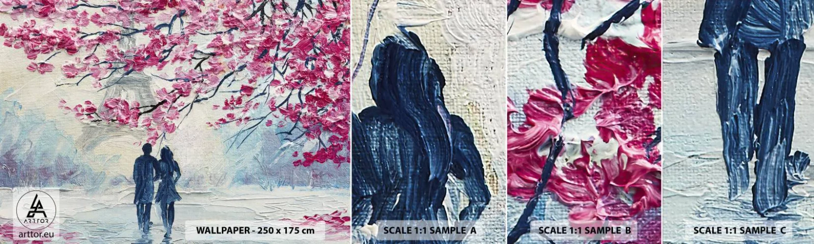 Campione di Fotomurale Adesivo Deluxe Sticker - Passeggiata romantica - Parigi, Torre Eiffel, Coppia innamorata - 100x30 cm