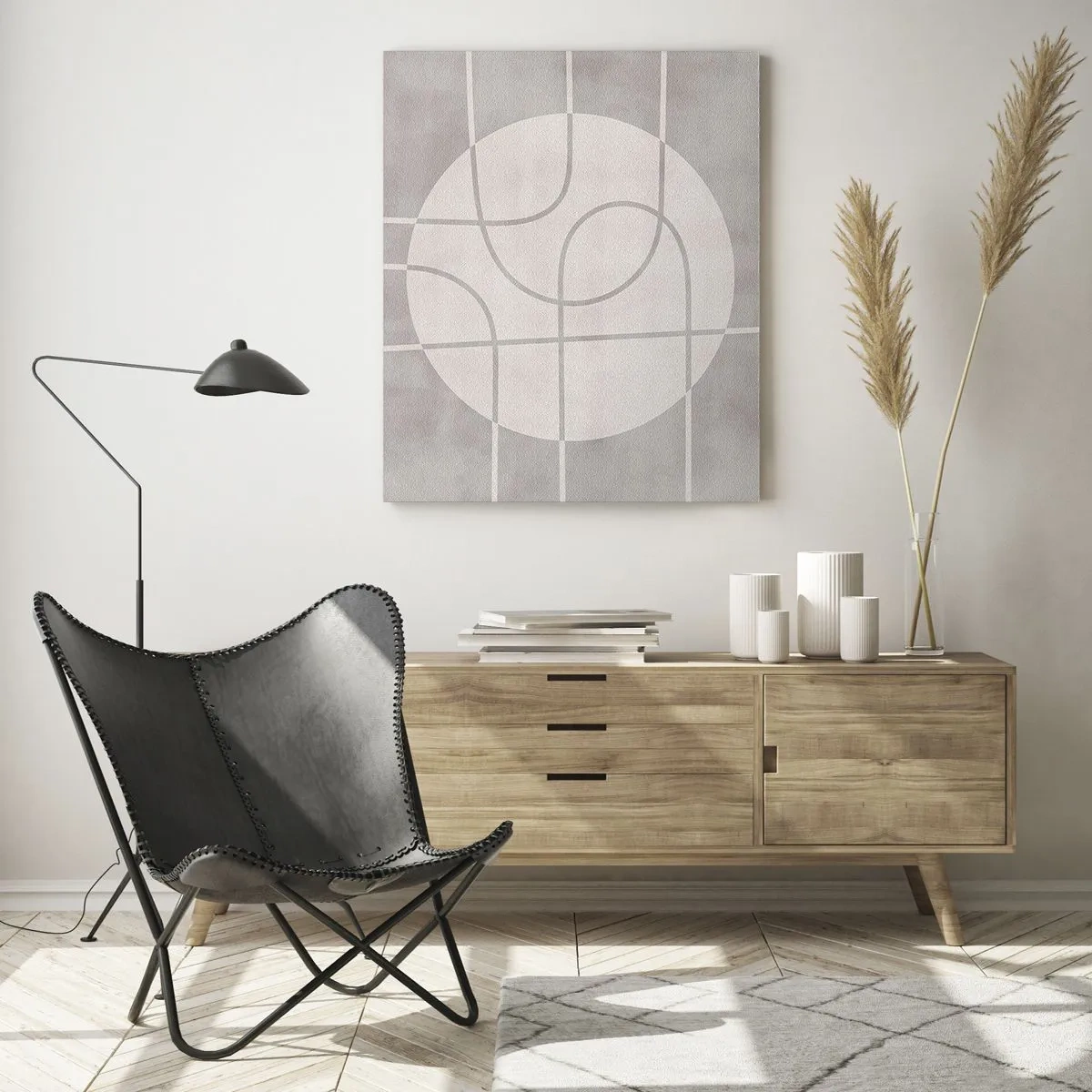 Quadro su vetro - Motivo geometrico nei toni del grigio e del bianco - 80x120cm - Tondo e dritto - Decorazione murale moderna per soggiorno e camera da letto ARTTOR